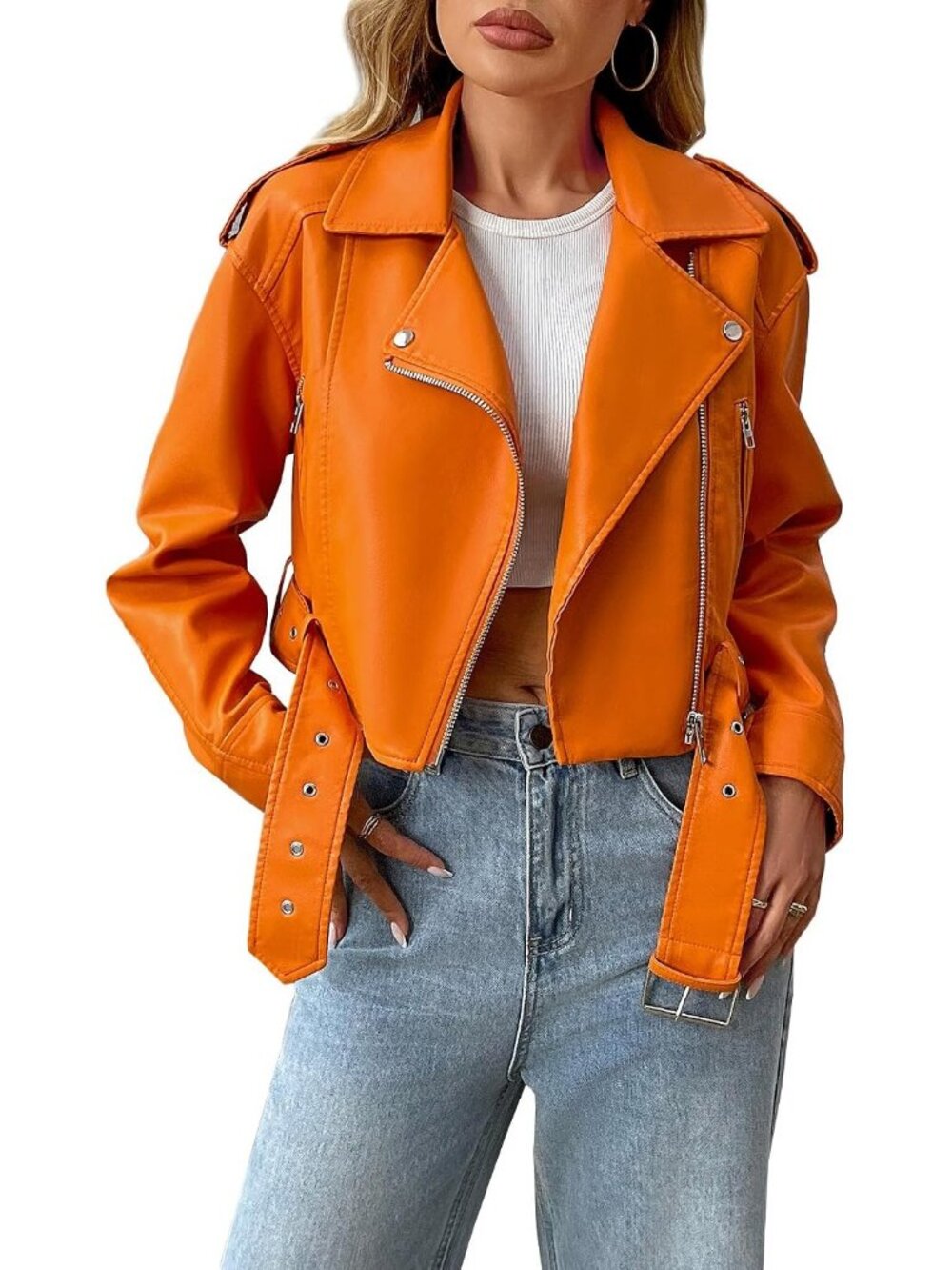 Women's Orange Faux Leather Cropped Jacket Vegan Motor Biker Coat with Belt